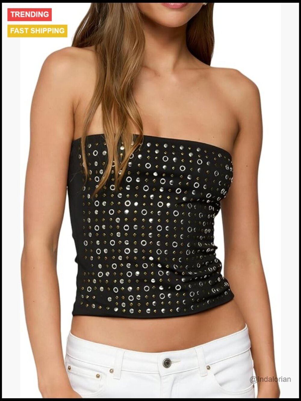 Strapless Studded Tube Top Fitted Crop Tank with Metal Trim Y2k Going Out Top